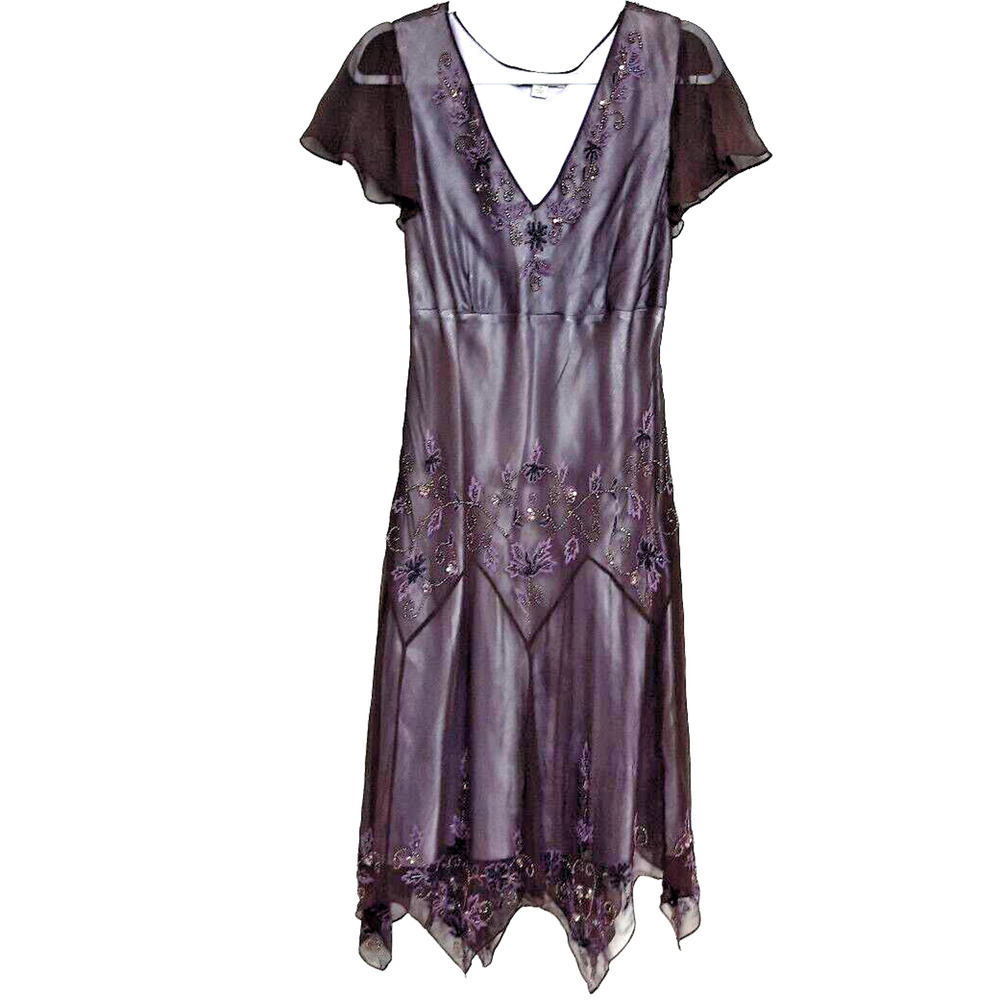 Coldwater Creek Silk Beaded Asymmetrical Midi Dress Size 14 Brown Whimsigoth